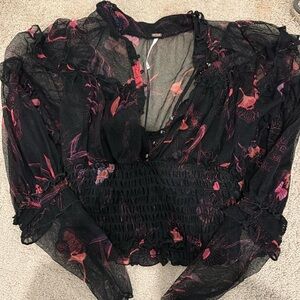 FREE PEOPLE sheer black top with pink detailing